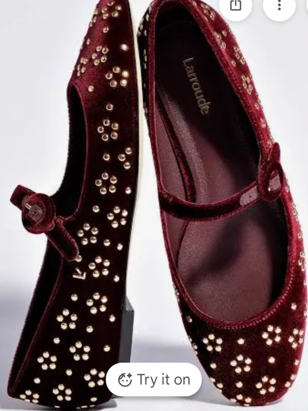 Larroude burgundy Red Velvet Mary Jane Flats with Gold Studs. 7